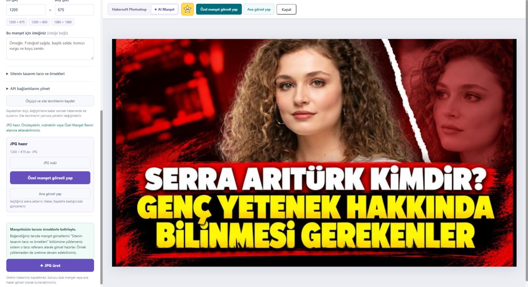 JPG indirme ve görsel aktarımı — JPG’yi indirin ya da özel manşet görseli ve ana görsel seçeneklerinden birine aktarın.