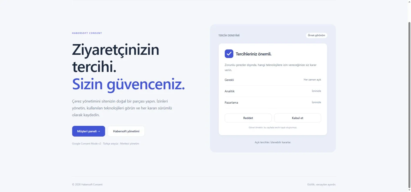 Habersoft Consent’in kamuya açık ürün ekranı ve tercih arayüzü örneği. Görsel örnek gerçek izin kaydı oluşturmaz.