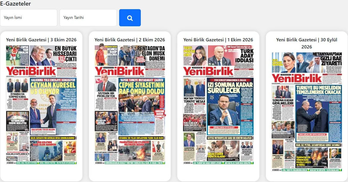 Gazetebirlik e-gazete arşivi: yayın adı, tarih alanları ve gazete kapakları. Gerçek ekran, 3 Ekim 2026.