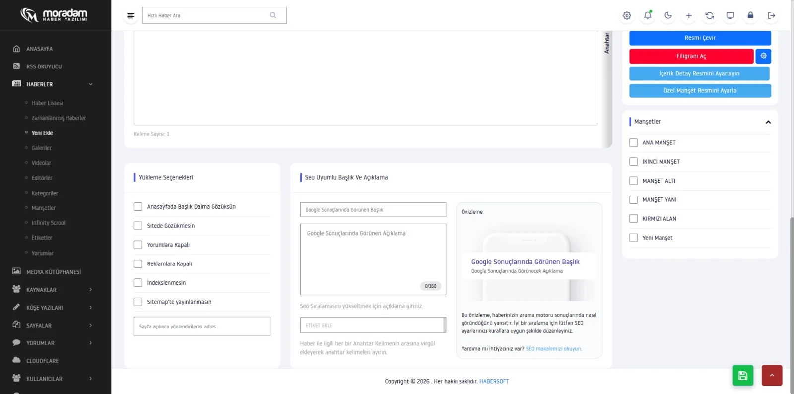 Haber formunda SEO başlığı, açıklama, önizleme ve görünürlük seçenekleri.