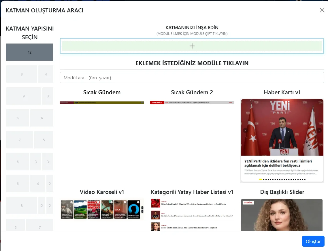 Habersoft Katman Oluşturma Aracı: solda sütun oranları, sağda seçilen katman ve kullanılabilir modüller.