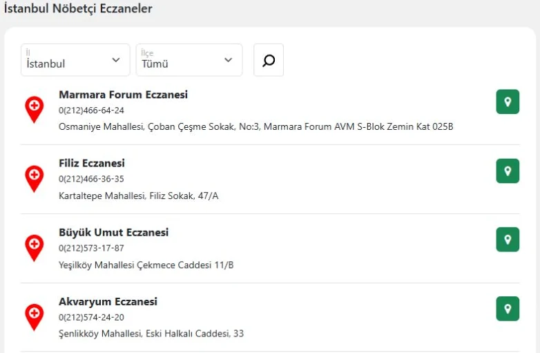 Türkgün nöbetçi eczane sayfasından gerçek örnek: şehir seçimi, eczane isimleri ve iletişim alanları. Bu ekran güncel nöbet listesi değildir.