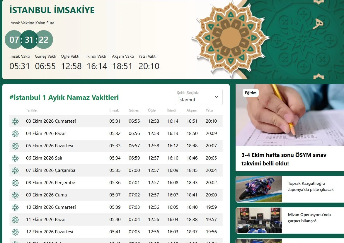 Türkgün namaz vakitleri ekranından gerçek örnek: günlük vakitler, şehir seçimi ve aylık tablo. Görseldeki saatler güncel takvim yerine geçmez.