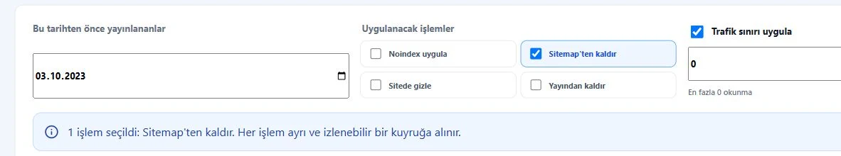 SEO panelinin gerçek eski içerik kontrolleri: tarih, trafik eşiği ve birbirinden bağımsız işlem seçenekleri. Müşteri performans verileri görsele dahil edilmemiştir.