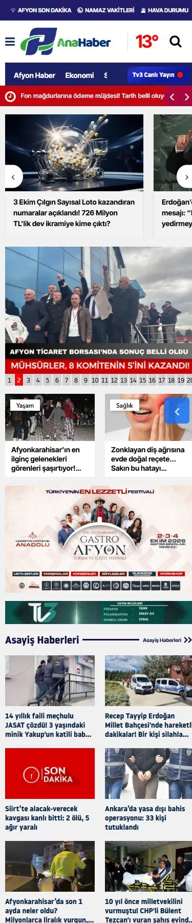 Afyon Ana Haber — Ana sayfa mobil ekranı