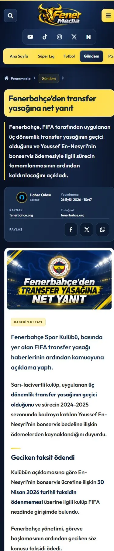 Fenermedia — Haber detayı mobil ekranı