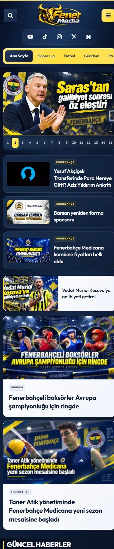 Fenermedia — Ana sayfa mobil ekranı