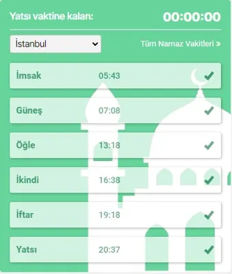 Namaz Vakitleri modülünün 4 sütun · Üçlü düzen grubundaki gerçek görünümü