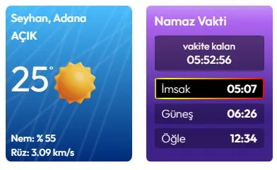 Namaz ve Hava Durumu · V2 modülünün 4 sütun · Üçlü düzen grubundaki gerçek görünümü