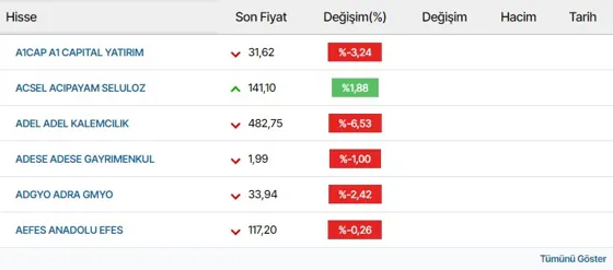Borsa Hisseleri modülünün 8 sütun · Ana yayın alanı grubundaki gerçek görünümü