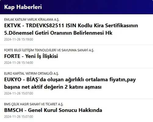 KAP Bildirimleri modülünün Ortak modüller grubundaki gerçek görünümü