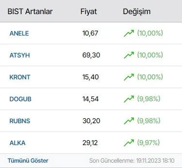 Borsada Yükselenler modülünün Yan sütun modülleri grubundaki gerçek görünümü