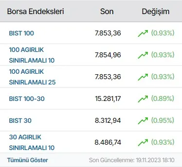 Borsa Göstergesi modülünün Yan sütun modülleri grubundaki gerçek görünümü