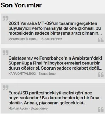 Yorumlar · V1 modülünün Yan sütun modülleri grubundaki gerçek görünümü