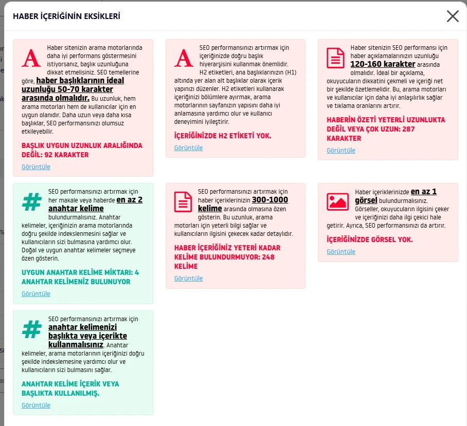 Habersoft Editör önerileri panelinin gerçek ekran görüntüsü
