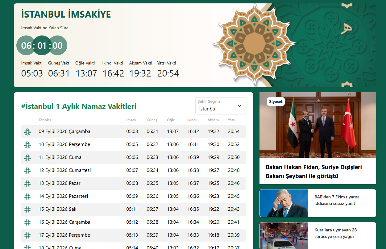 Namaz vakitleri ve imsakiye ekranı