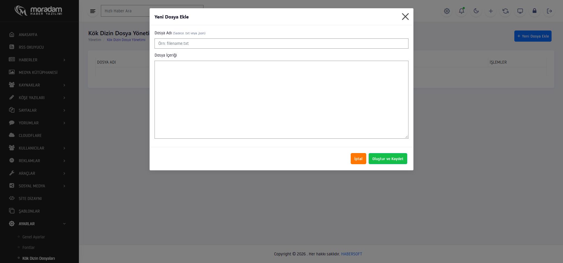 Yeni metin veya JSON dosyası oluşturma penceresi