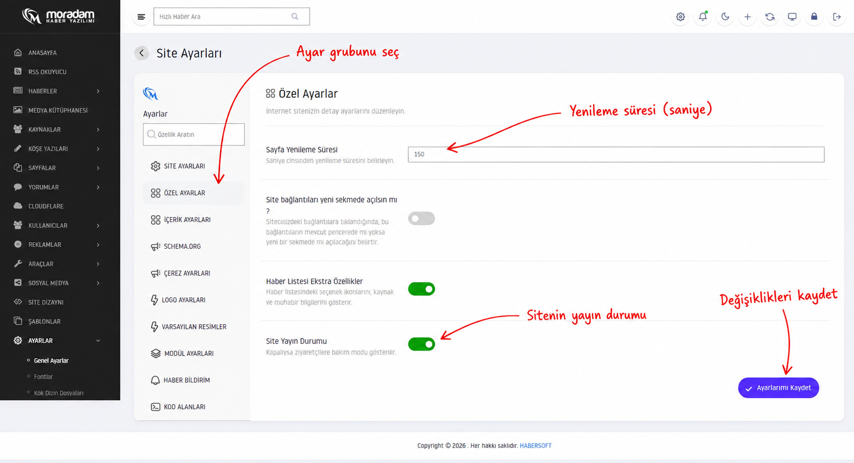 Sayfa yenileme, bağlantılar, haber listesi ve site yayın durumu ayarları