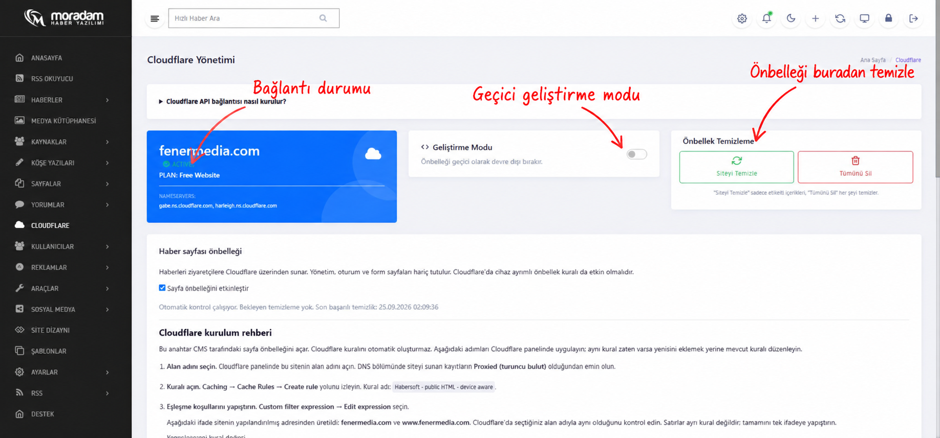 Cloudflare bağlantı durumu, geliştirme modu ve önbellek yönetimi