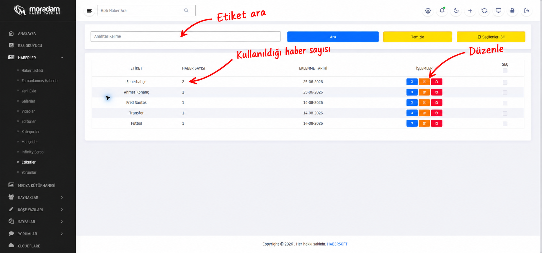 Haber etiketleri listesi, arama alanı ve bağlı haber sayıları