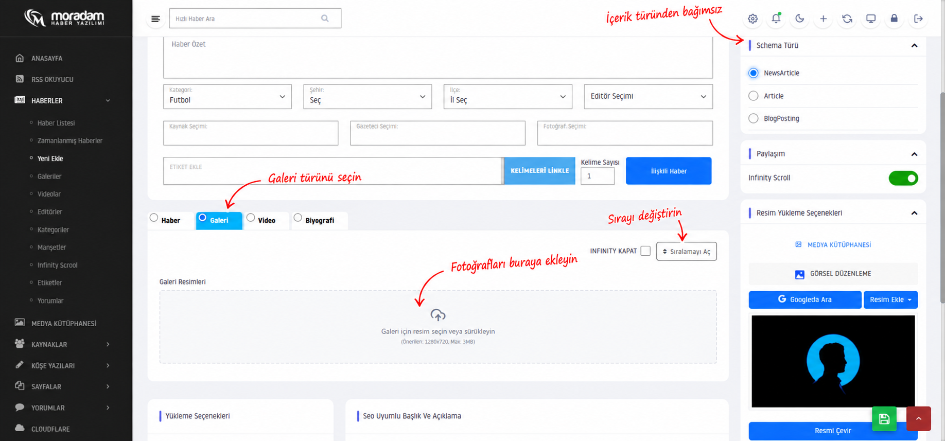 Galeri sekmesindeki çoklu görsel yükleme, sıralama ve Infinity tercihi