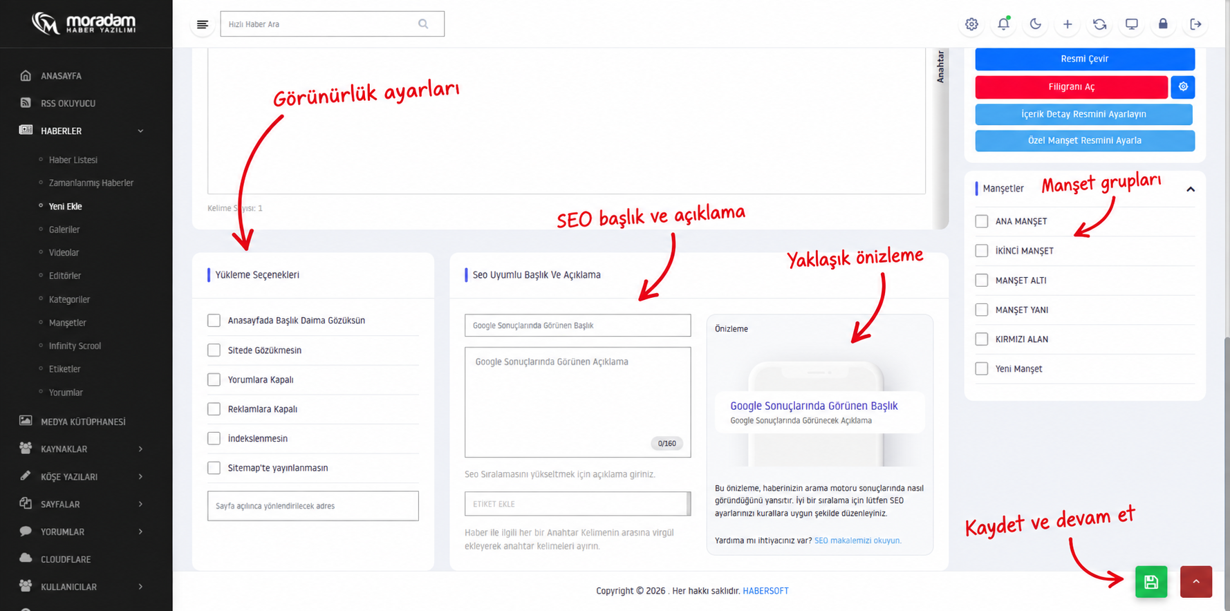 Yeni haber ekranındaki SEO başlığı, açıklama, önizleme ve görünürlük seçenekleri