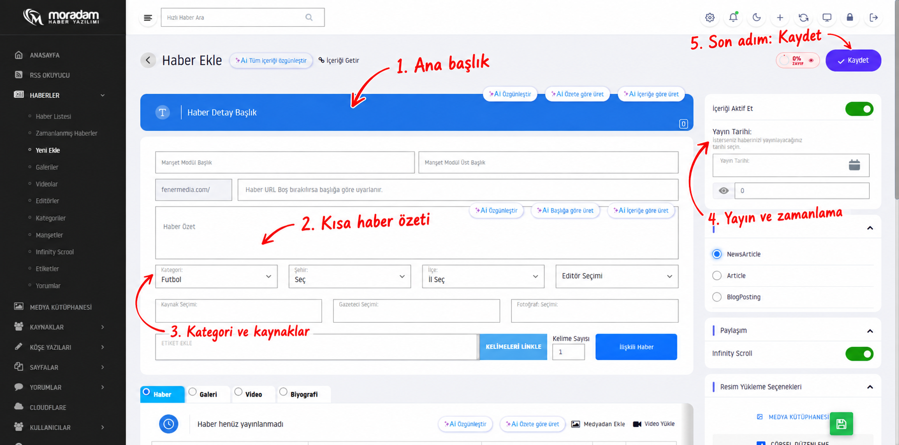 Yeni haber ekranında başlık, özet, kategori ve yayın ayarlarının işaretli görünümü
