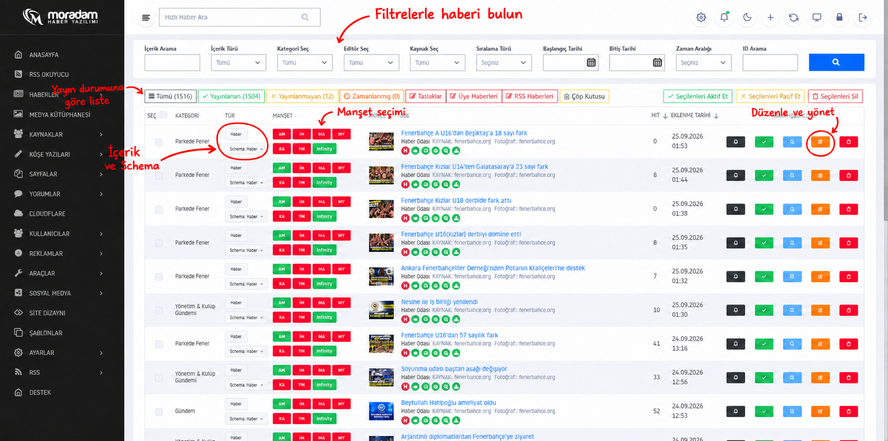 Habersoft haber listesinde arama, durum sekmeleri ve haber satırlarının işaretli görünümü