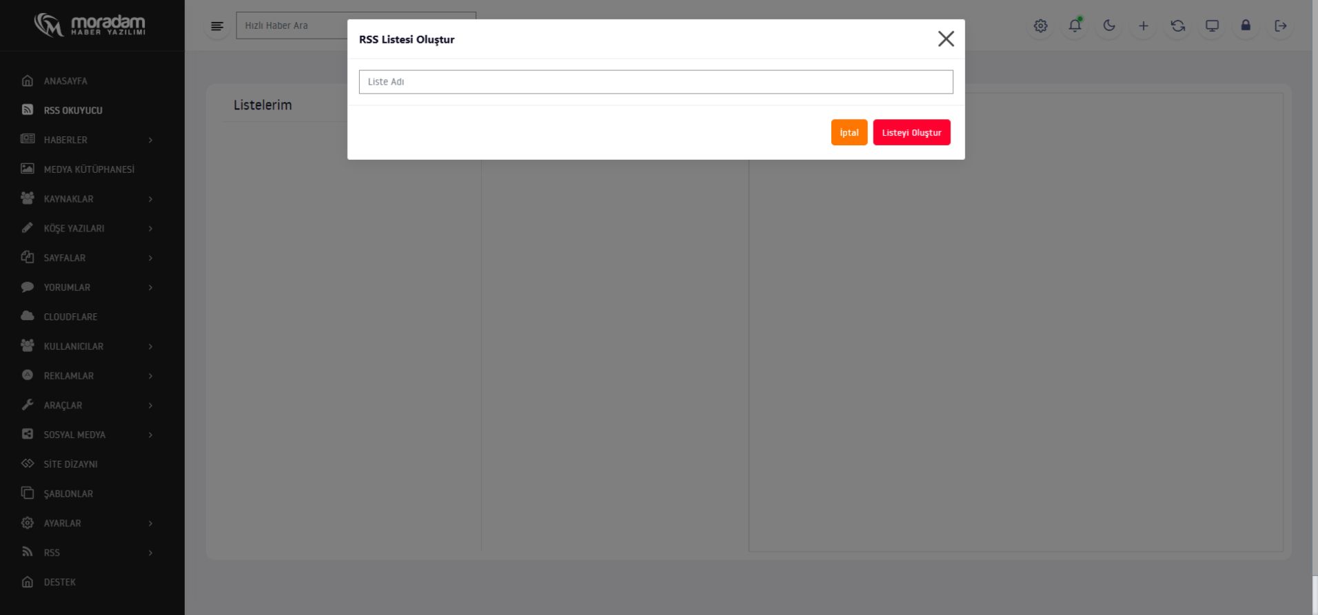 RSS Listesi Oluştur penceresi