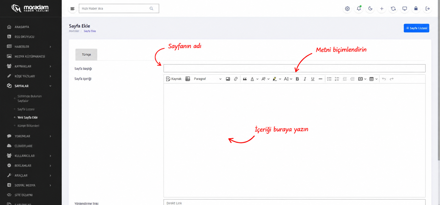 Yeni sayfa formunda başlık, içerik editörü ve yönlendirme alanı
