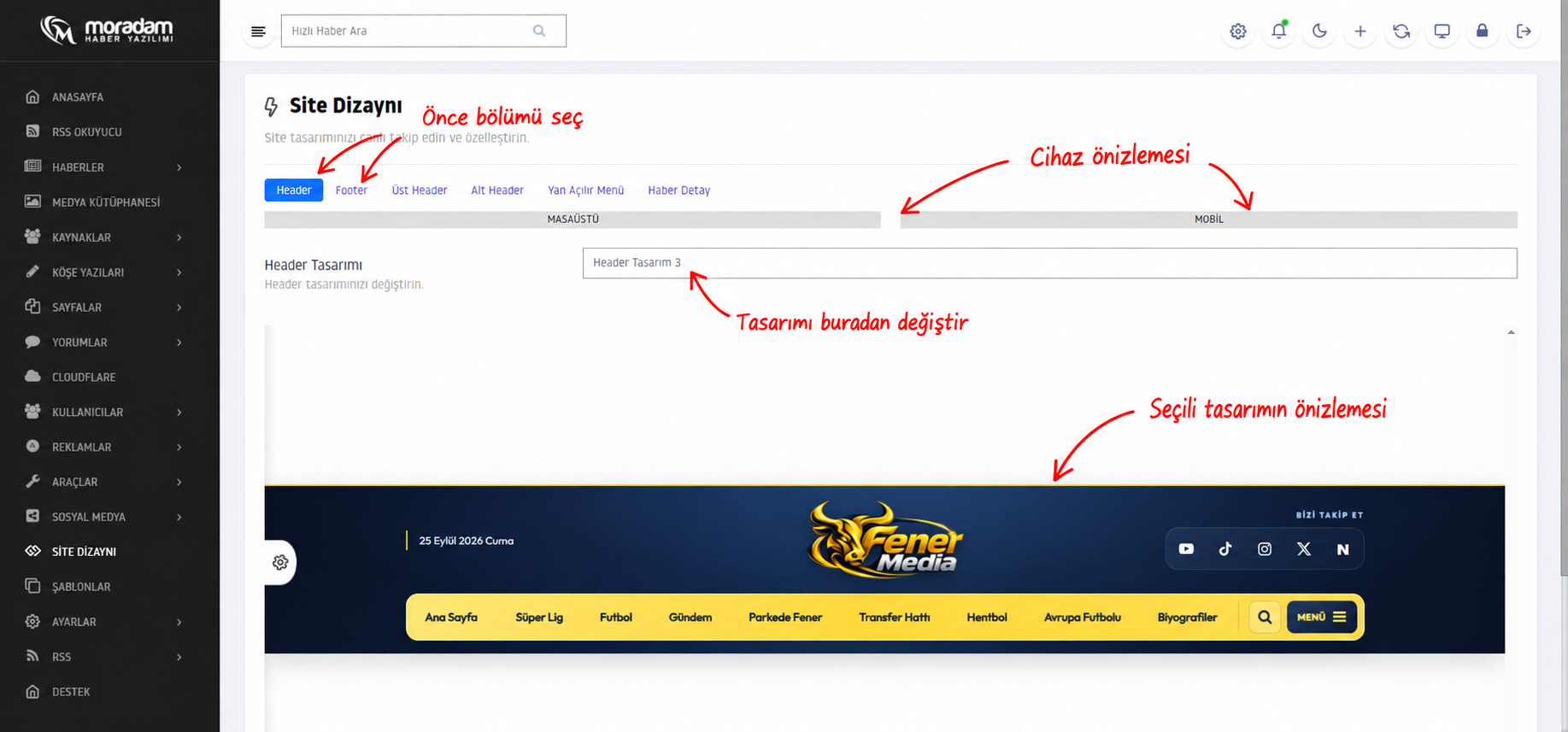 Site Dizaynı sekmeleri ve Header önizlemesi