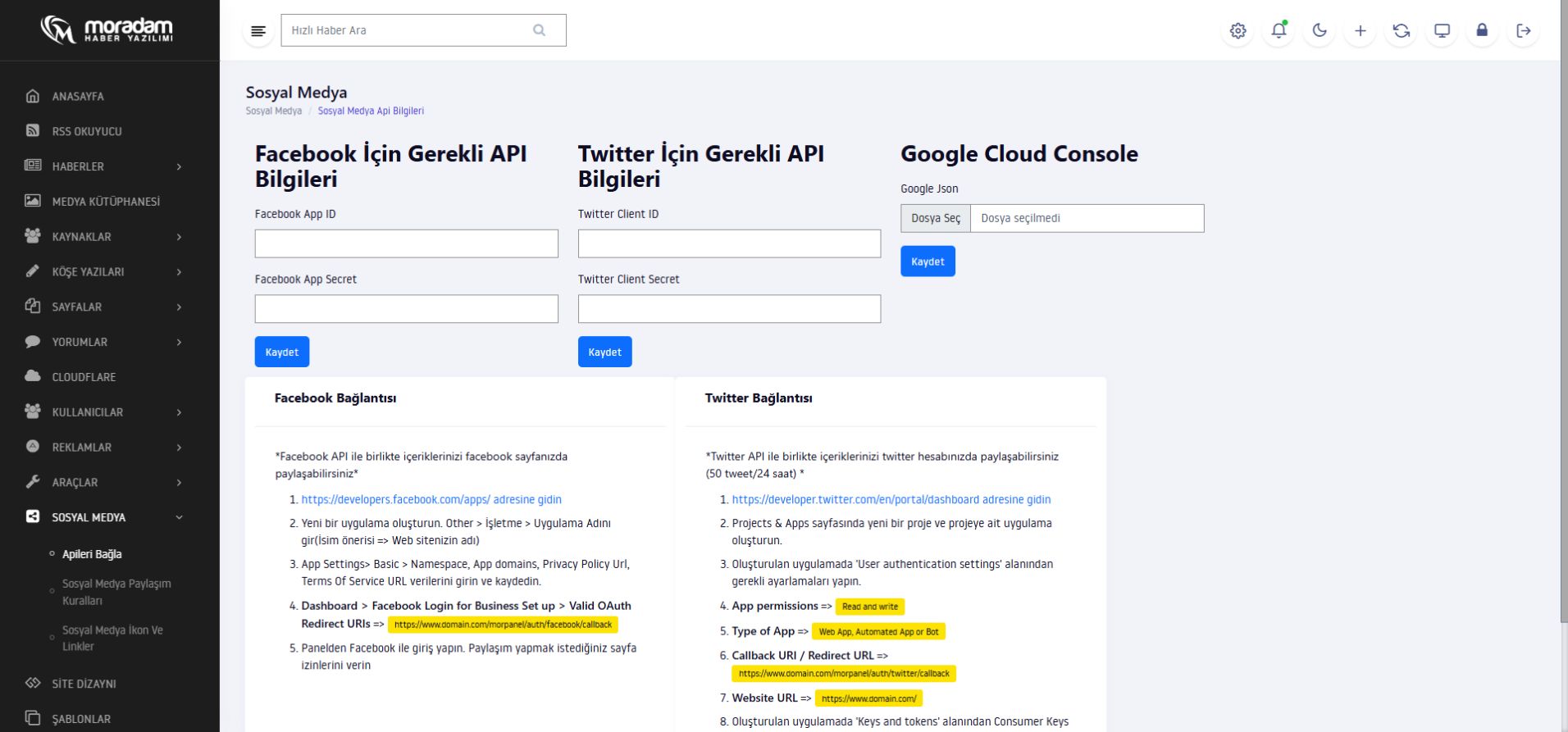 Sosyal medya API bağlantılarının boş kurulum formu