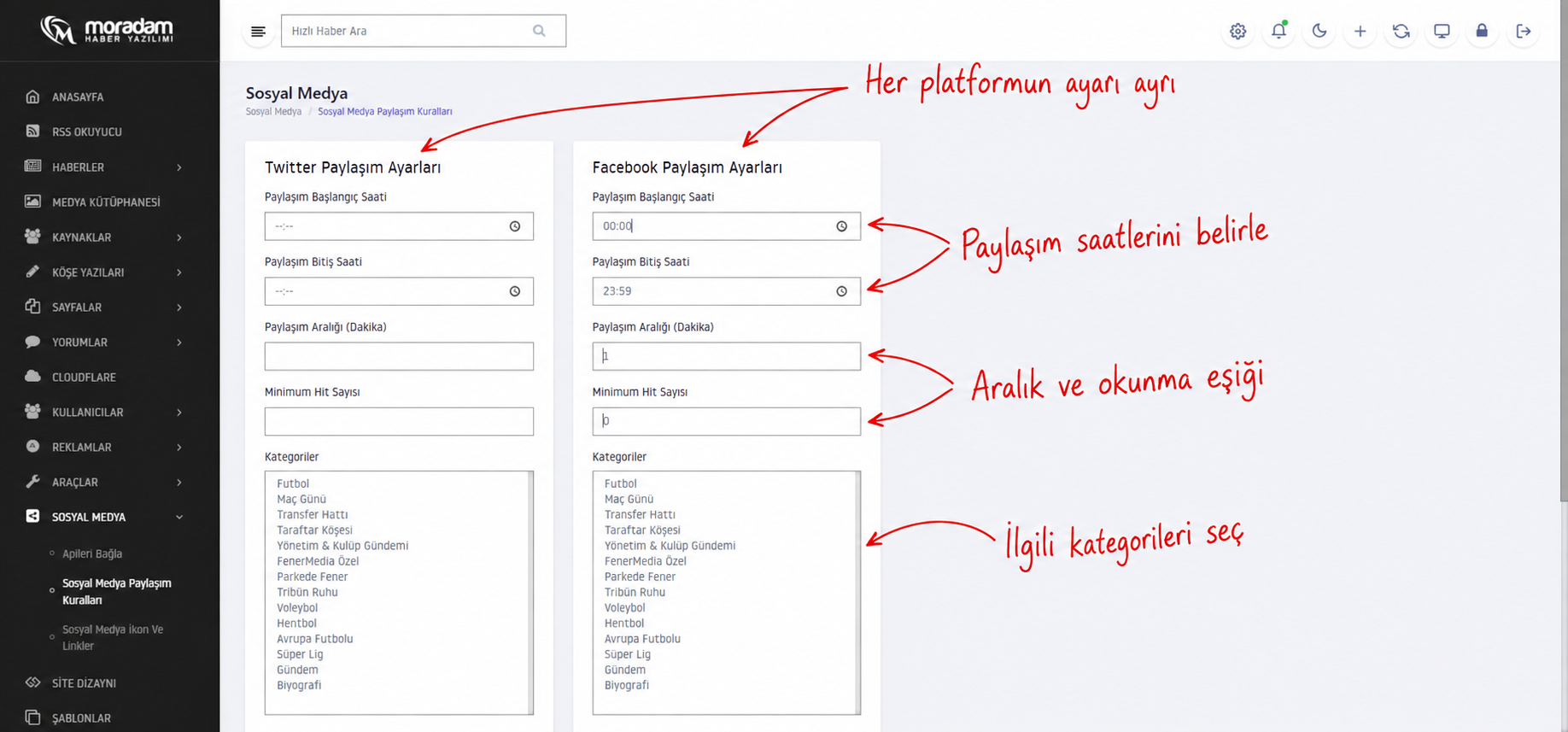 Twitter ve Facebook paylaşım kurallarının ayrı ayar kartları