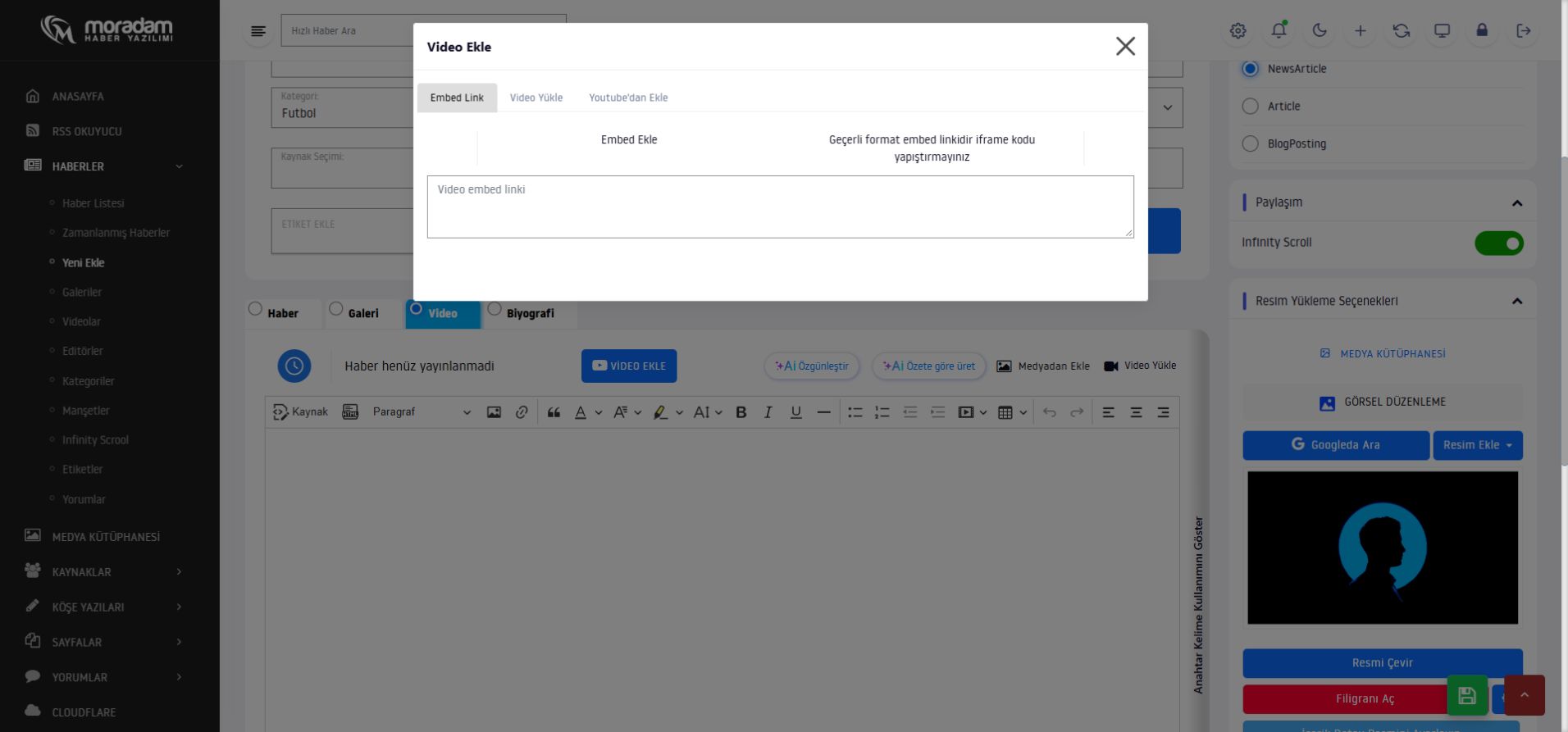 Video Ekle penceresinde Embed Link, Video Yükle ve YouTube seçenekleri