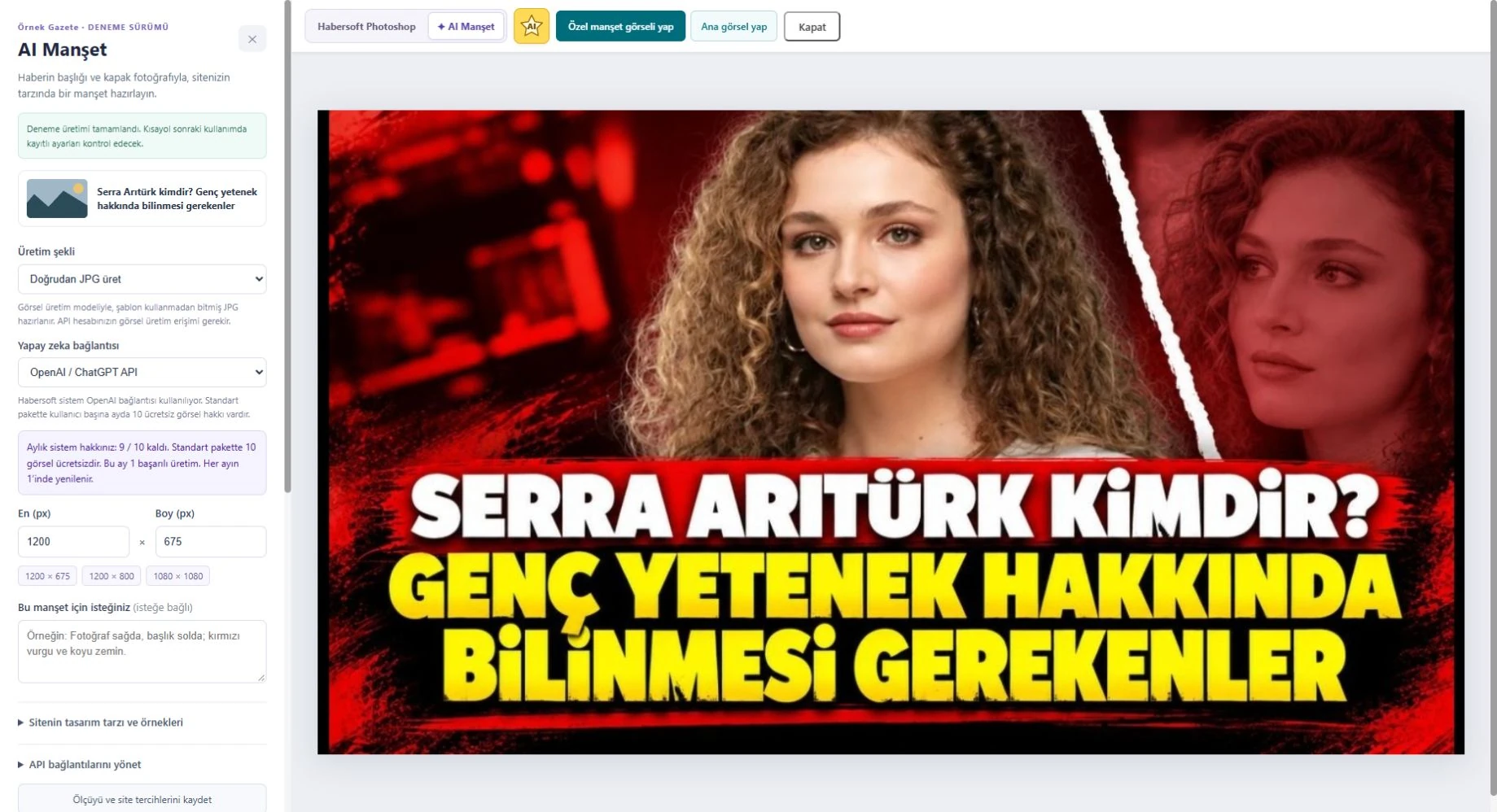 Habersoft AI Manşet üretim seçenekleri ve JPG önizlemesi