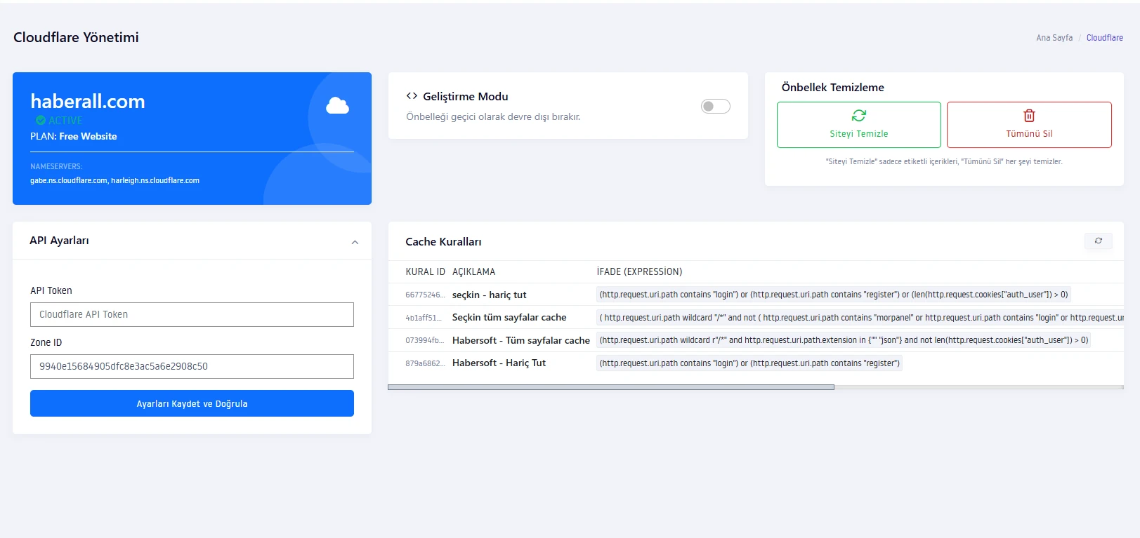 Habersoft panelinde Cloudflare önbellek ve cache kuralı yönetimi