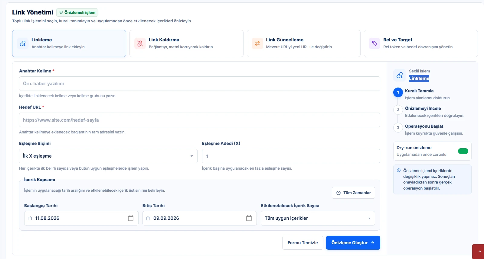Habersoft toplu link yönetimi kapsam ve önizleme alanları